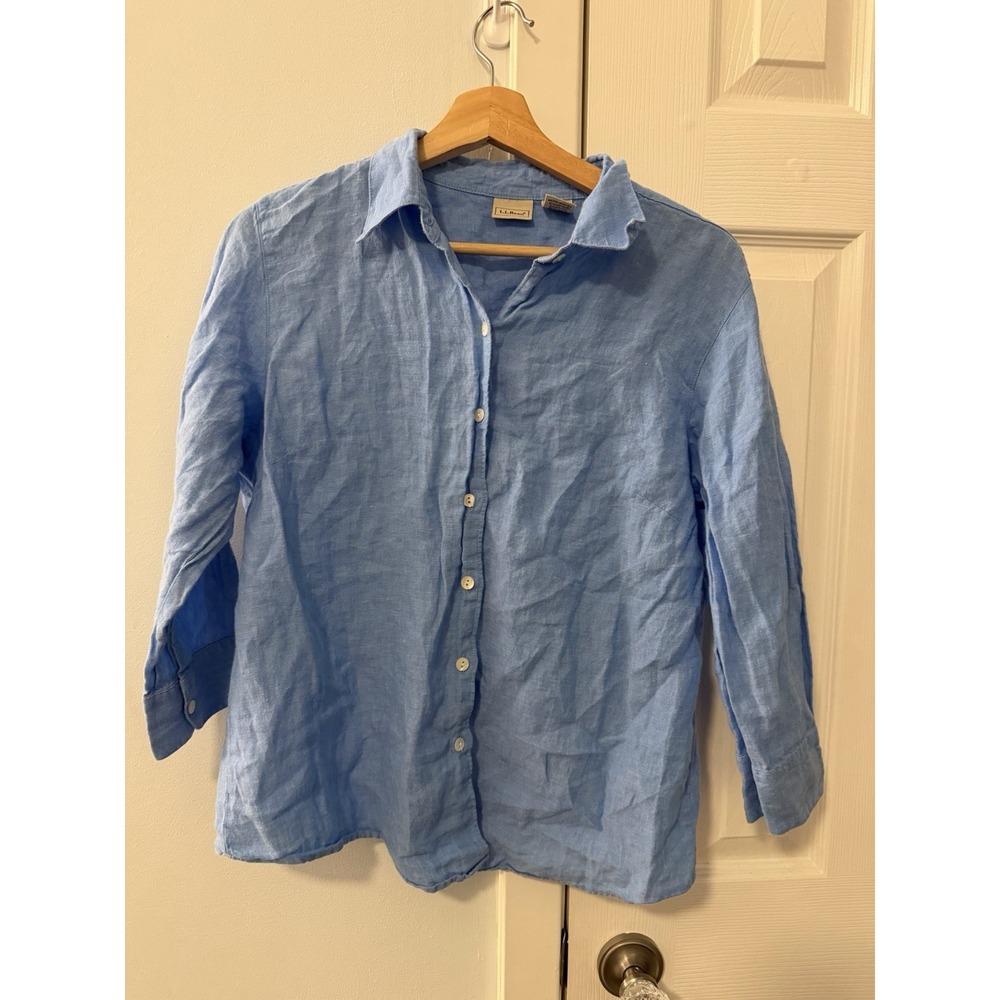 L.L. Bean Women's Blue 100% Linen Button Up Size M 3/4 Sleeve‎ Coastal Beachy